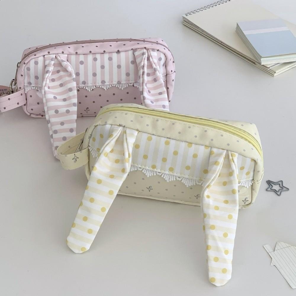 Polka Dot Print Korean Style Pen Bag Rabbit Big Ear Cloth Stationery Bag Pencil Pouch  School