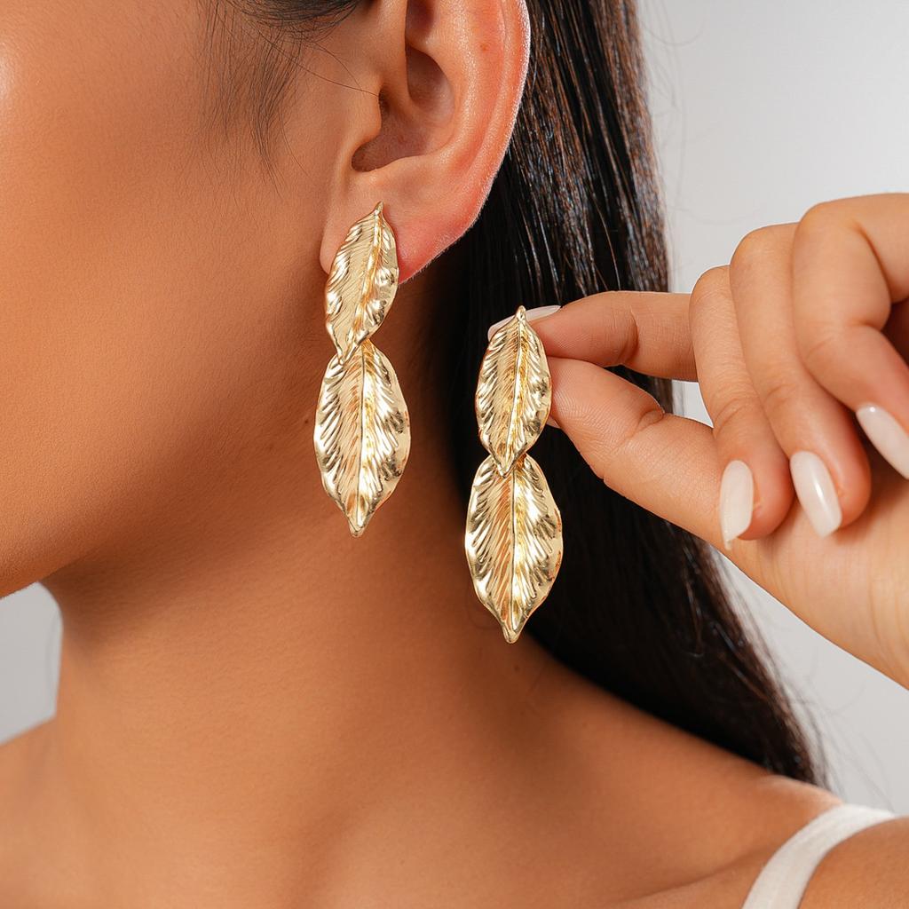Metallic Double Leaf Texture Dangle Earrings for Women Ladies European and American Style Earrings Vacation Jewelry Accessories