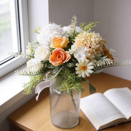 Fleurs Artificielles Haute Simulation Pétales en Soie Toucher Réel Tiges en Fil de Fer Réglables Roses Mixtes Hortensias Marguerites Sans Entretien Décoration de Maison Cadeaux