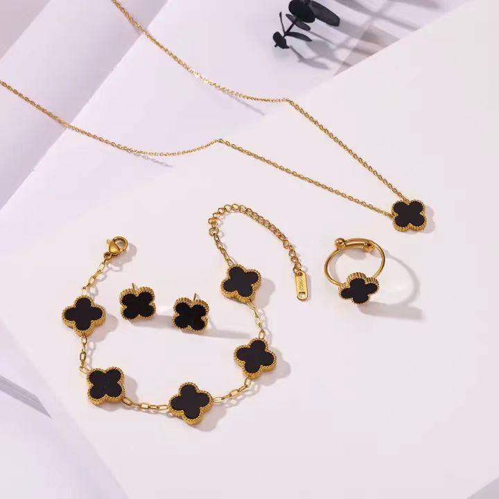 4PCS Lucky Clover Fashion Five Flower Stainless Steel Bracelet Necklace Ring Earring Jewelry Set Gift