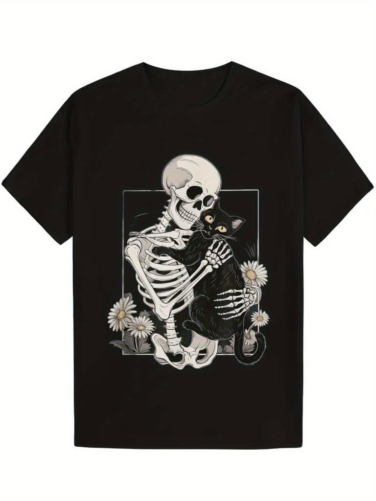 Men'S Gothic Skeleton Cat Graphic T-Shirt Black Round Neck Short Sleeve