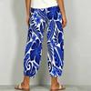 Women Plus Size Navy Blue Floral Paisley Printed Loose Cross Hem Cropped Pants With Pockets