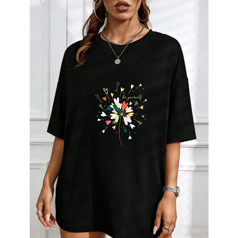 

White T Shirt With Colorful Heart Flower And Be Yourself Text For Casual Wear XXXXL чёрный
