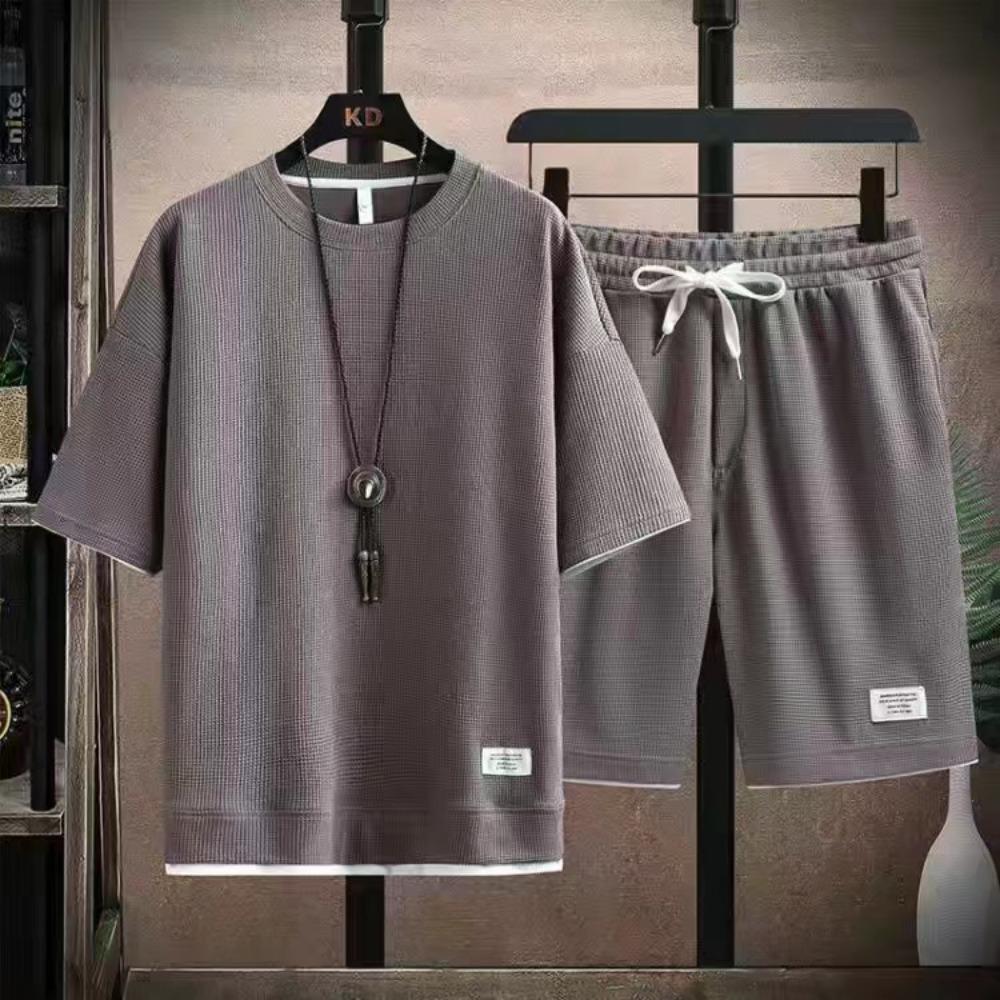 Nieuw Wafel Zomerpak voor Heren Casual T-shirt + Korte Broek Pak Heren Trainingspak Effen Kleur Trainingspak Los Pak