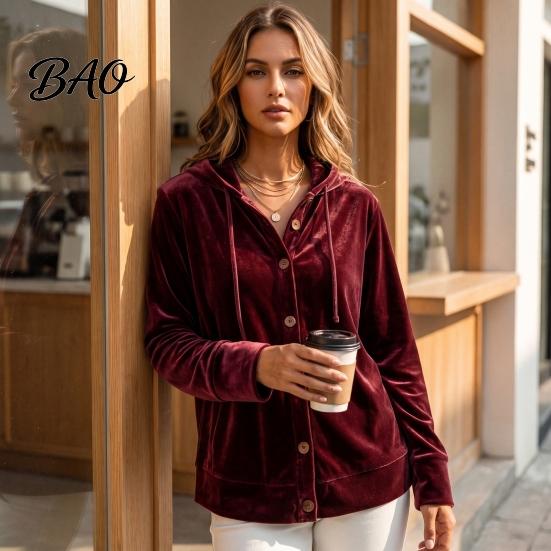 Soft Velvet Clothing Women Button Front Hoodie, Long Sleeve Hooded Jacket, Loose Fit Jacket Casual Drawstring Coat for Autumn Winter Outerwear