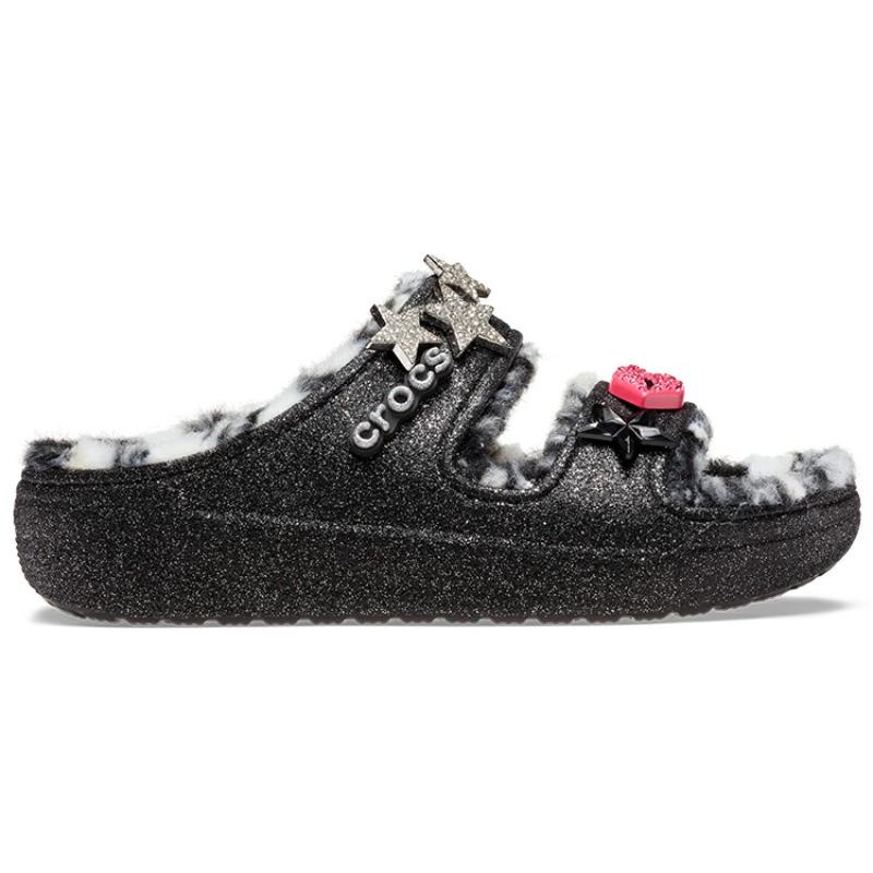 Crocs Classic Cozzzy Disco Glitter Sandals 'Black' Women's