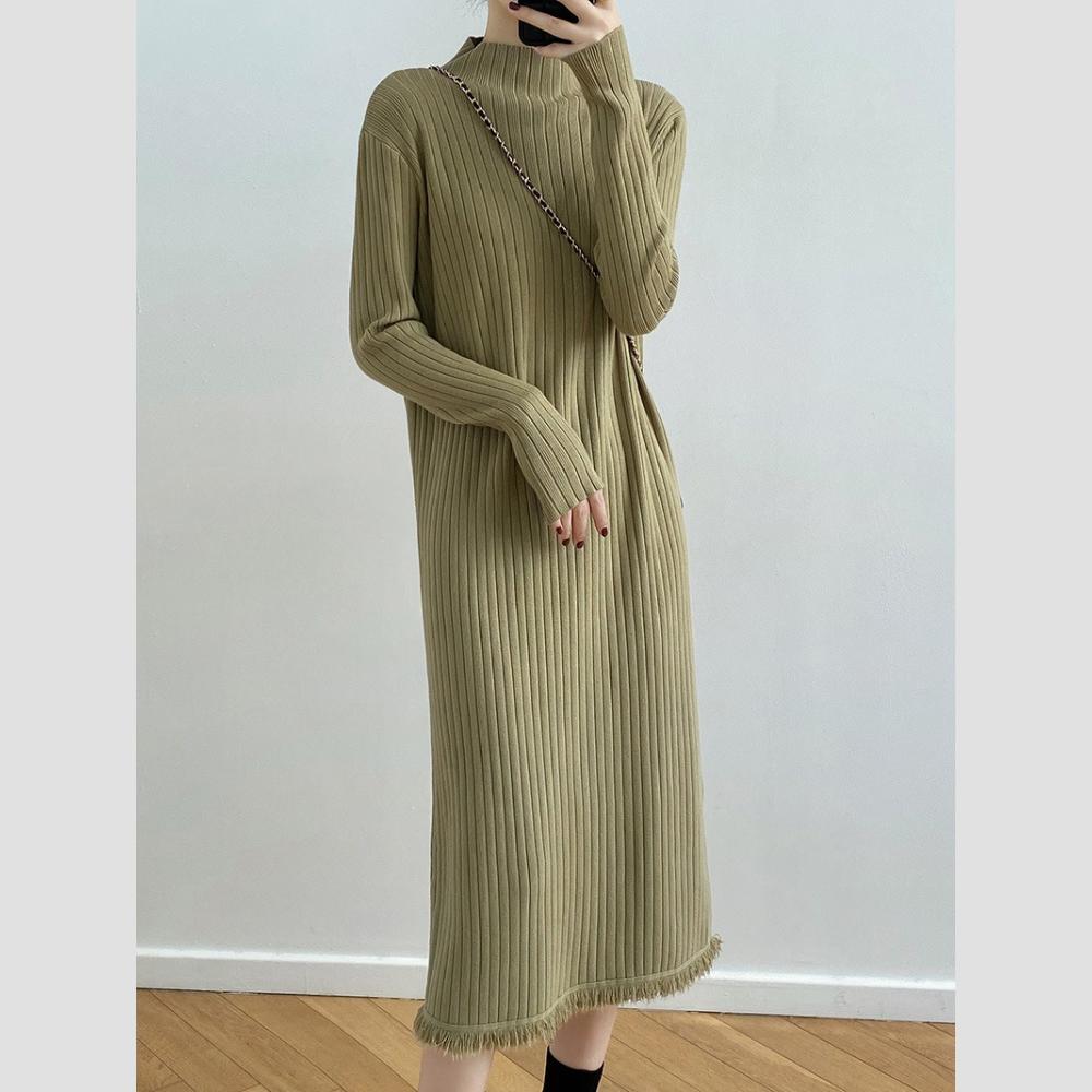 Mid-length Pullover Sweater for Women's Autumn and Winter Half Turtleneck Knee-length Knitted Dress Solid Color Casual Sweater Dress