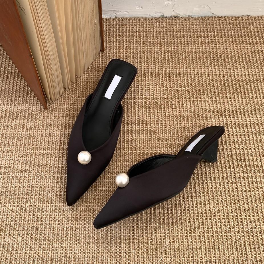 French Pointed Single Shoes Women's 2025 Spring New Bag Head Cool Slippers Empty Thick Heels Women's Shoes Soft Soles Are Not Tired
