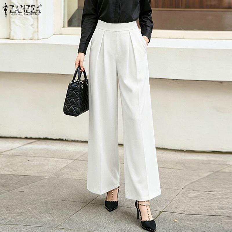 ZANZEA Pantaloni lunghi larghi larghi in vita elastica casual da donna