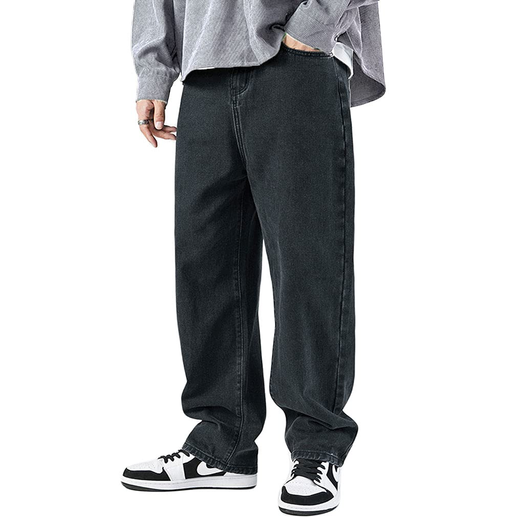 KAKELO Men's Wide Denim Jeans, Loose Fit, Easy Fit (02.Black, Size M)