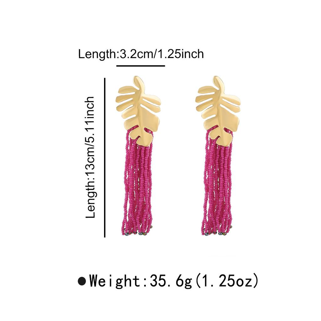 Women Fashion Bohemian Handmade Beaded Rice Bead Tassel Long Earrings Creative Alloy Leaf Ear Jewelry