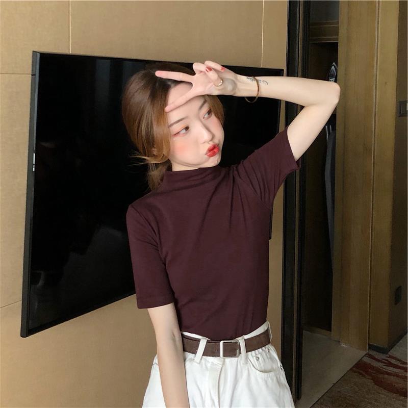 

2027 Реальный Выстрел: Женская облегающая футболка с коротким рукавом и полуводолазкой (95% хлопок, 5% спандекс) L кофейный