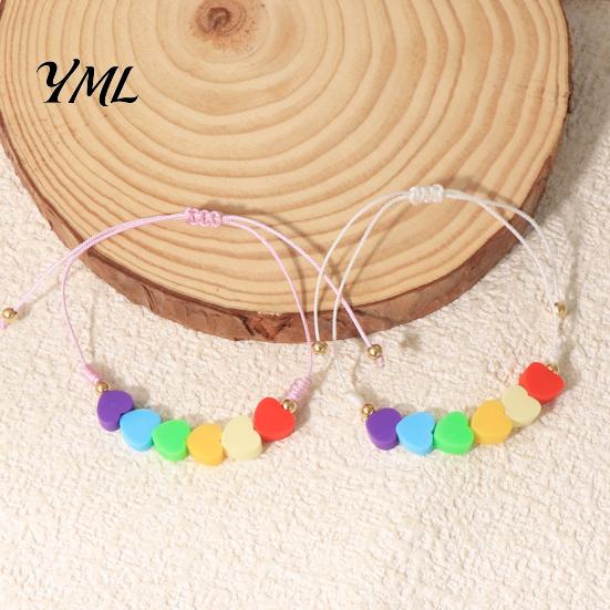 Handwoven Macaron Bead Jewelry Colorful Hearts Bracelet, Handmade Braided Cord String Adjustable Heart Shaped Clay Beads for Women Girls Stretchable