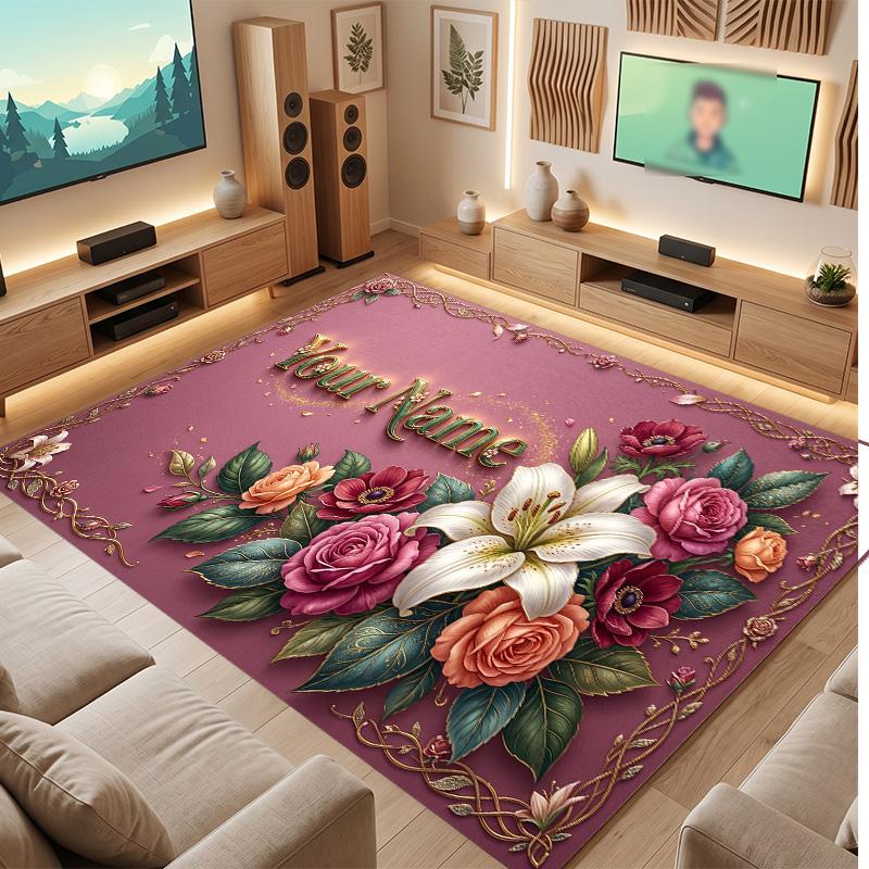 Floral Garden Theme Soft Crystal Velvet Rug Custom Name & Text Print Non Slip Floor Rug for Bedroom Living Room
