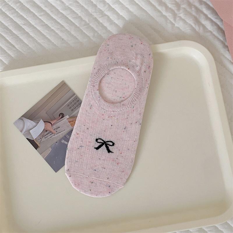 Summer Thin Dot Yarn Bow Boat Socks, Low-top Shallow-mouth Invisible Socks for Women, Anti-slip, Simple, Pure Cotton, No Heel Drop