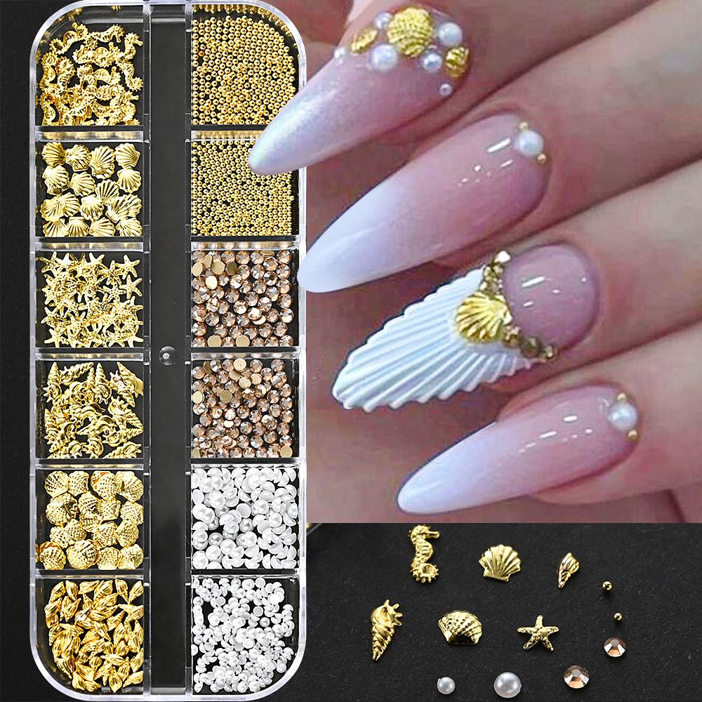 

12Grids Ocean Gold Nail Art Charms Shell/Seahorse/Starfish White Half Round Pearl Gems 3D Mixed Punk Manicure Metal Rivets Studs PH208