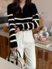 Women's Versatile Color Block Striped Knit Sweater - 2024 Autumn/Winter Half-High Collar Zipper Lapel