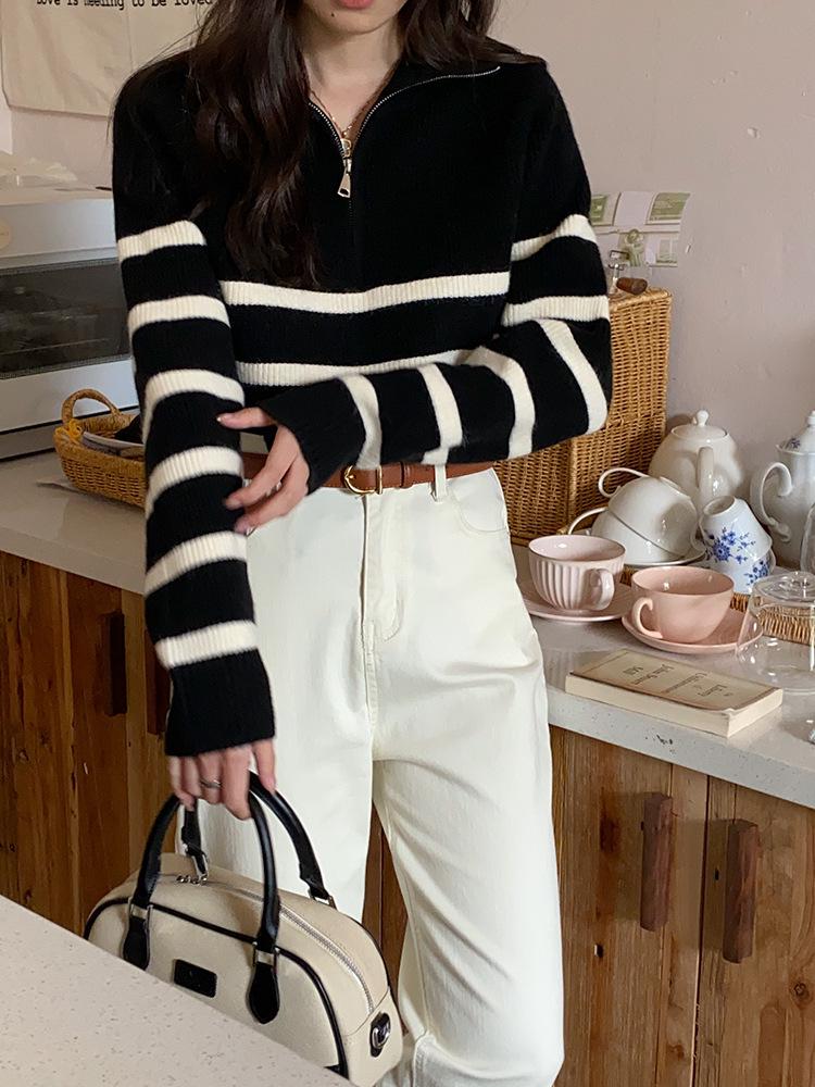 Women's Versatile Color Block Striped Knit Sweater - 2024 Autumn/Winter Half-High Collar Zipper Lapel