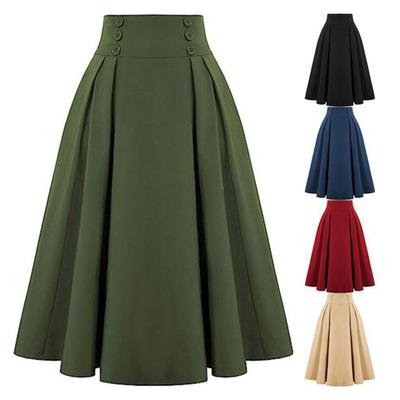 Women Midi Skirt High Waist Button Decor A-Line Casual Skirt Solid Color Office Lady Skirt Pockets Workwear