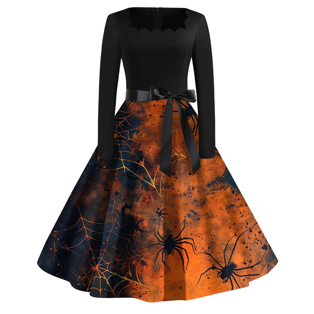 Women's Casual Fashion Halloween Printed Square Neck Vintage Dress