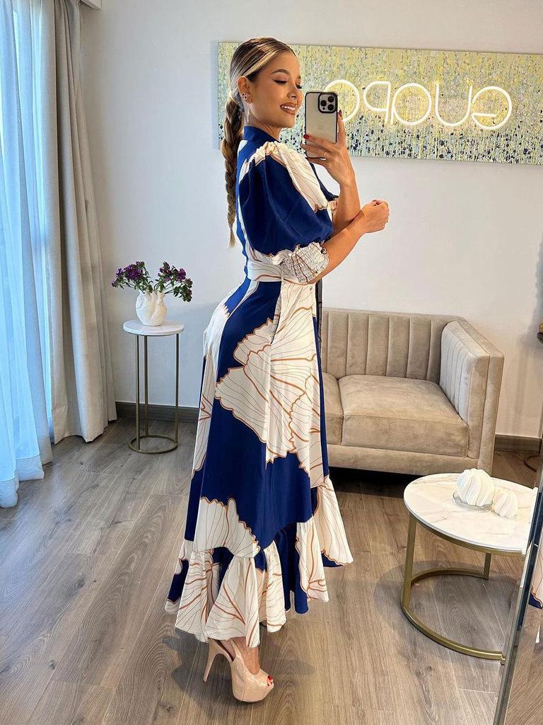 Irregular High-Waisted Printed Shirt-Style Cardigan Dress