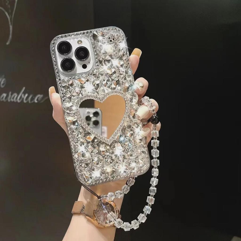 Diamond Pearl Bear Stand Mirror with Anti-Fall for Apple 15PRO/14/13 Mobile Phone Case