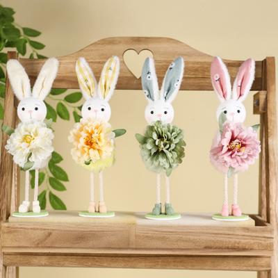 Easter Standing Bunny Doll Cute Fabric Rabbit Figurine with Artificial Flower for Spring Home Shelf Table Decor