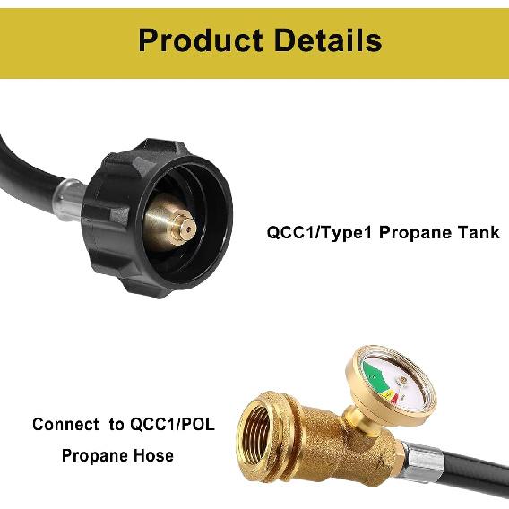12 Feet Propane Tank Extension Hose with Gauge, Acme to Male QCC/POL Fittings for Gas Grill