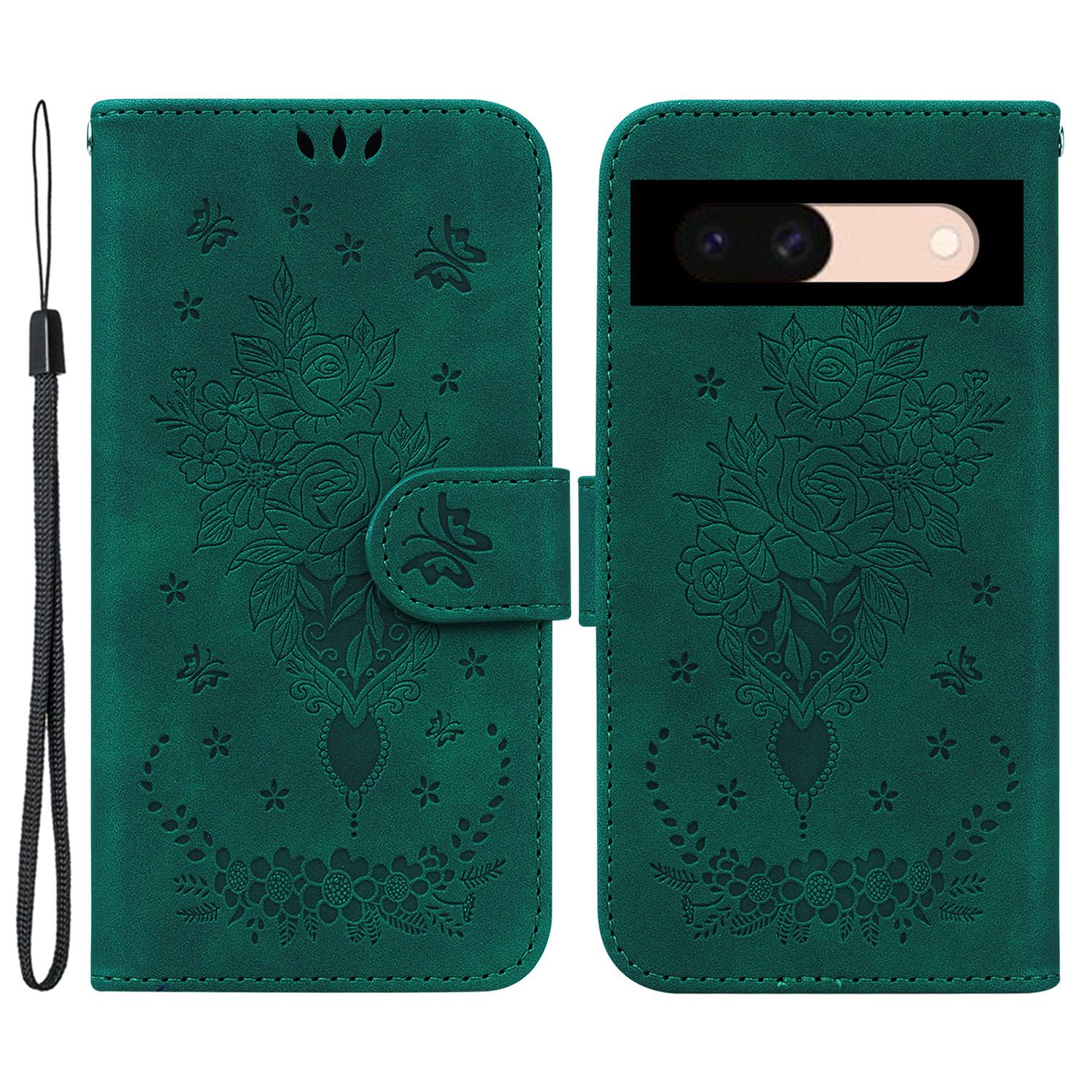 

Для Google Pixel 8a Чехол из ПУ кожи+ТПУ с оттиском, Чехол для телефона с цветочным узором Green