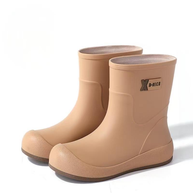 Woman Flat Sole High Top Rain Boots Thick Sole Non slip Round Toe Waterproof Detachable Cotton Cover Keep Warm Work Shoes