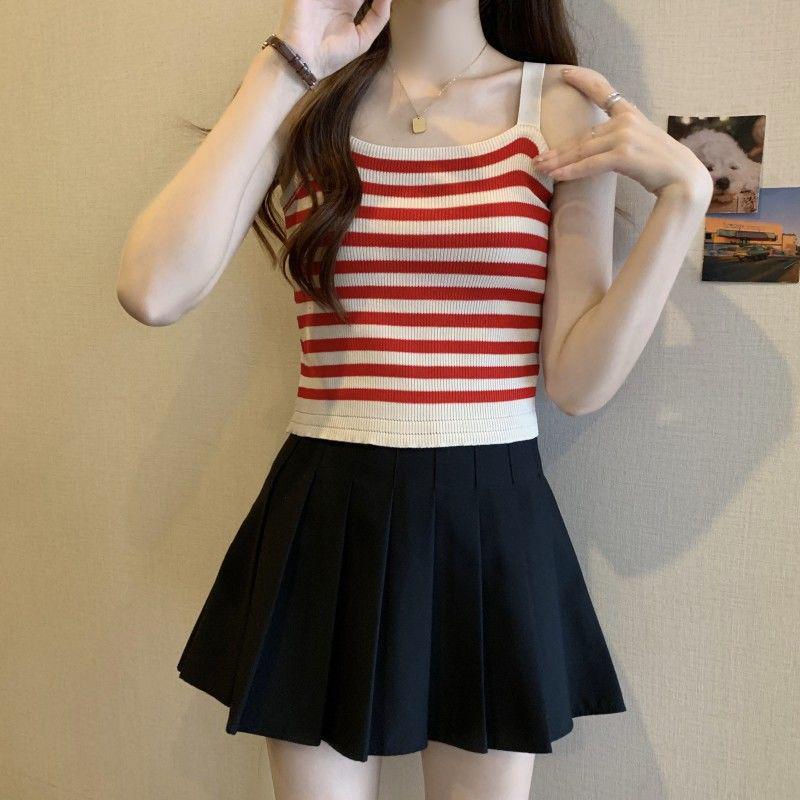 

2025 Женская французская полосатая трикотажная кофточка: Тонкий летний топ без рукавов One size (fits 70-125 jin) красный