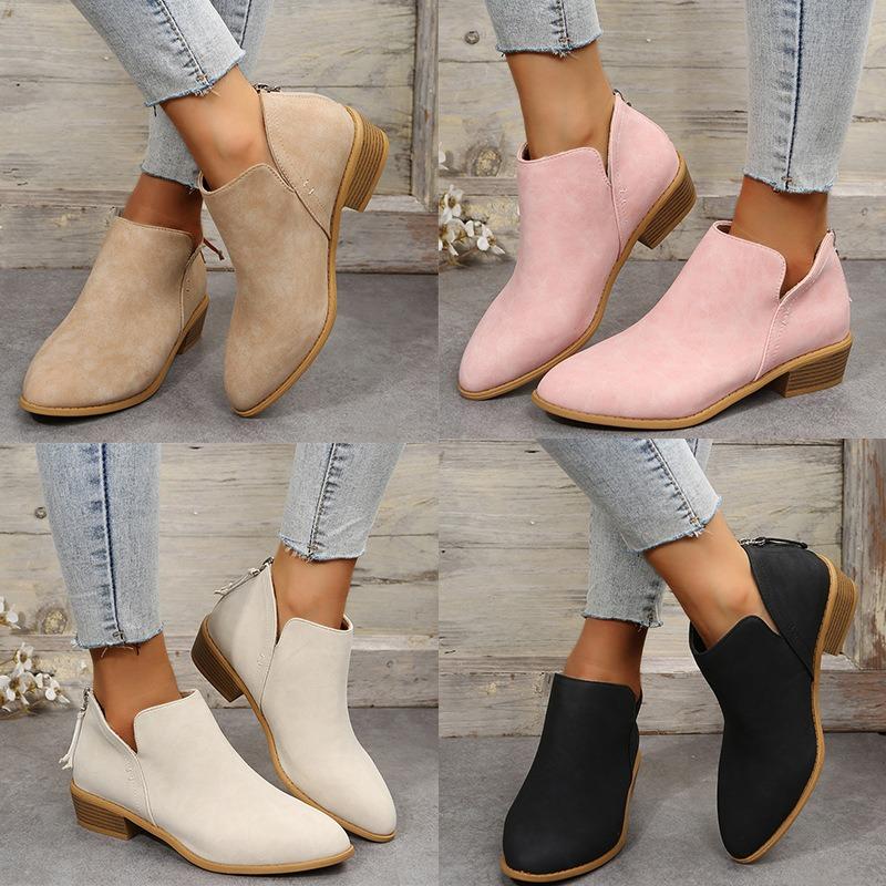 New Flatbottomed Largesize Short Leather Boots Women's Pointed Head Thick Heel Rear Zipper Suede Largesize Women's Shoes