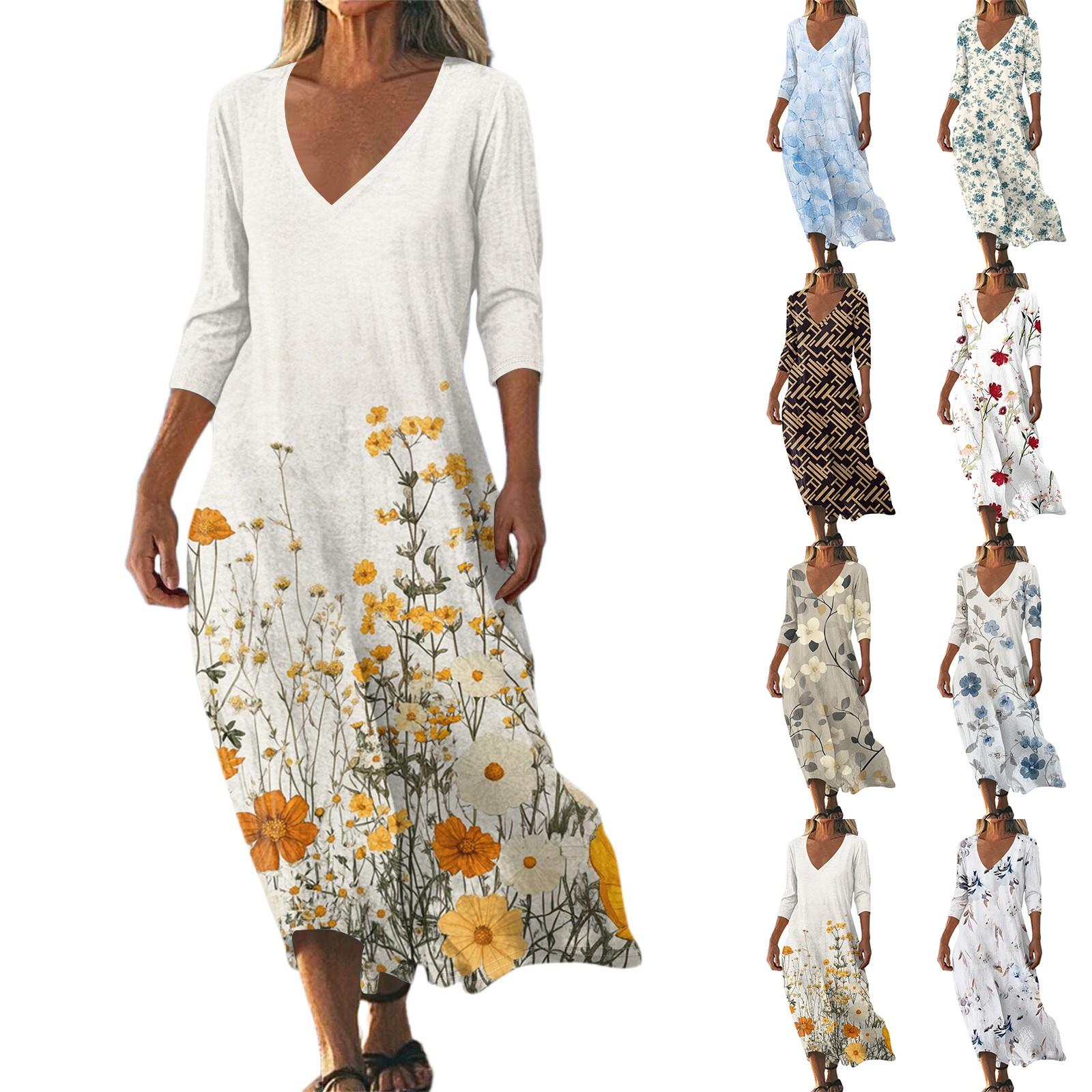 

Dresses For Womens Vintage Print Tunic Waisted Midi Dress Summer Casual 3/4 Sleeve Dress XXL хакі