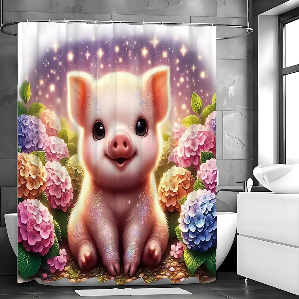 Söt Gris Hortensia Duschdraperi, Dekorativt Duschdraperi för Badrum, Vattentätt Duschdraperi med Krokar