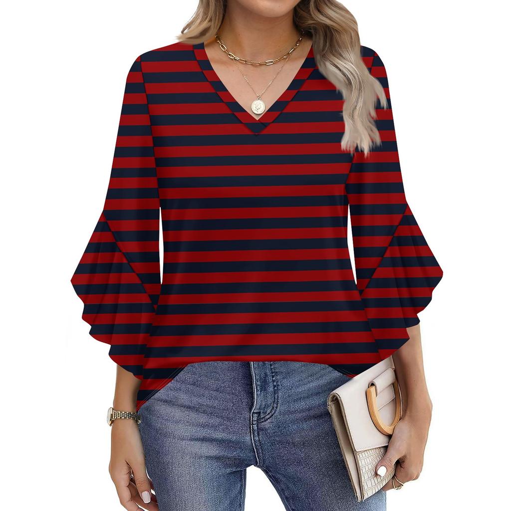 Damenmode Lässig Sieben-Minuten-Ärmel Streifendruck Oberteil V-Ausschnitt T-Shirt Glockenärmel Hemd