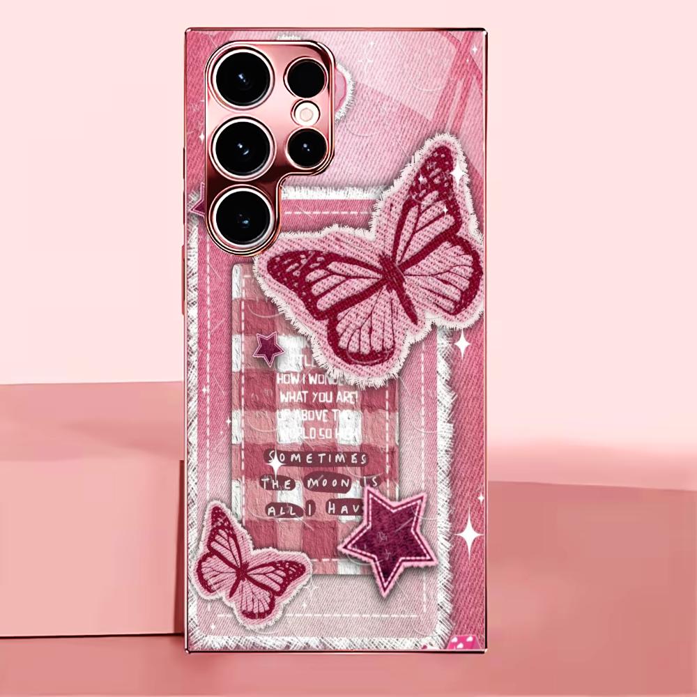 Rosa Schmetterlings-Aufkleber Madam Pink Glas Handyhülle für Samsung Galaxy S26 S25 S24 S23 S22 FE Ultra Plus Stoßfest Weiblich