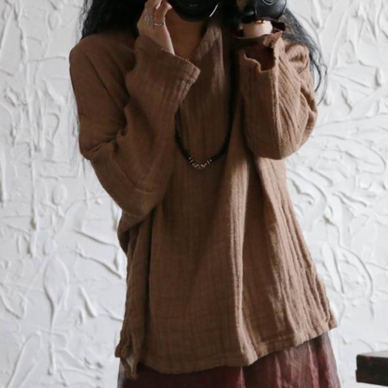 Johnature Women Linen T-Shirts V-Neck Long Sleeve Simple Solid Color Loose Tees Spring Comfortable Soft Vintage T-Shirt