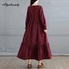 Korean Style Plus Size Spring Autumn Women Midi Dress O Neck Red Green Brown Burgundy Oversized Dress Lace Up Embroidery Cotton Dress