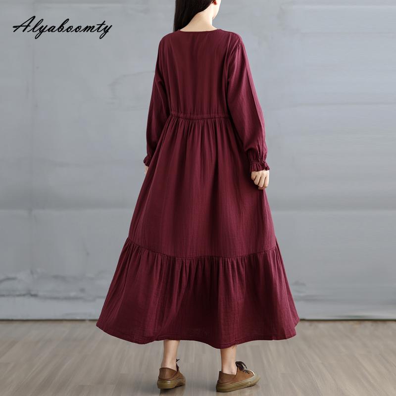 Korean Style Plus Size Spring Autumn Women Midi Dress O Neck Red Green Brown Burgundy Oversized Dress Lace Up Embroidery Cotton Dress