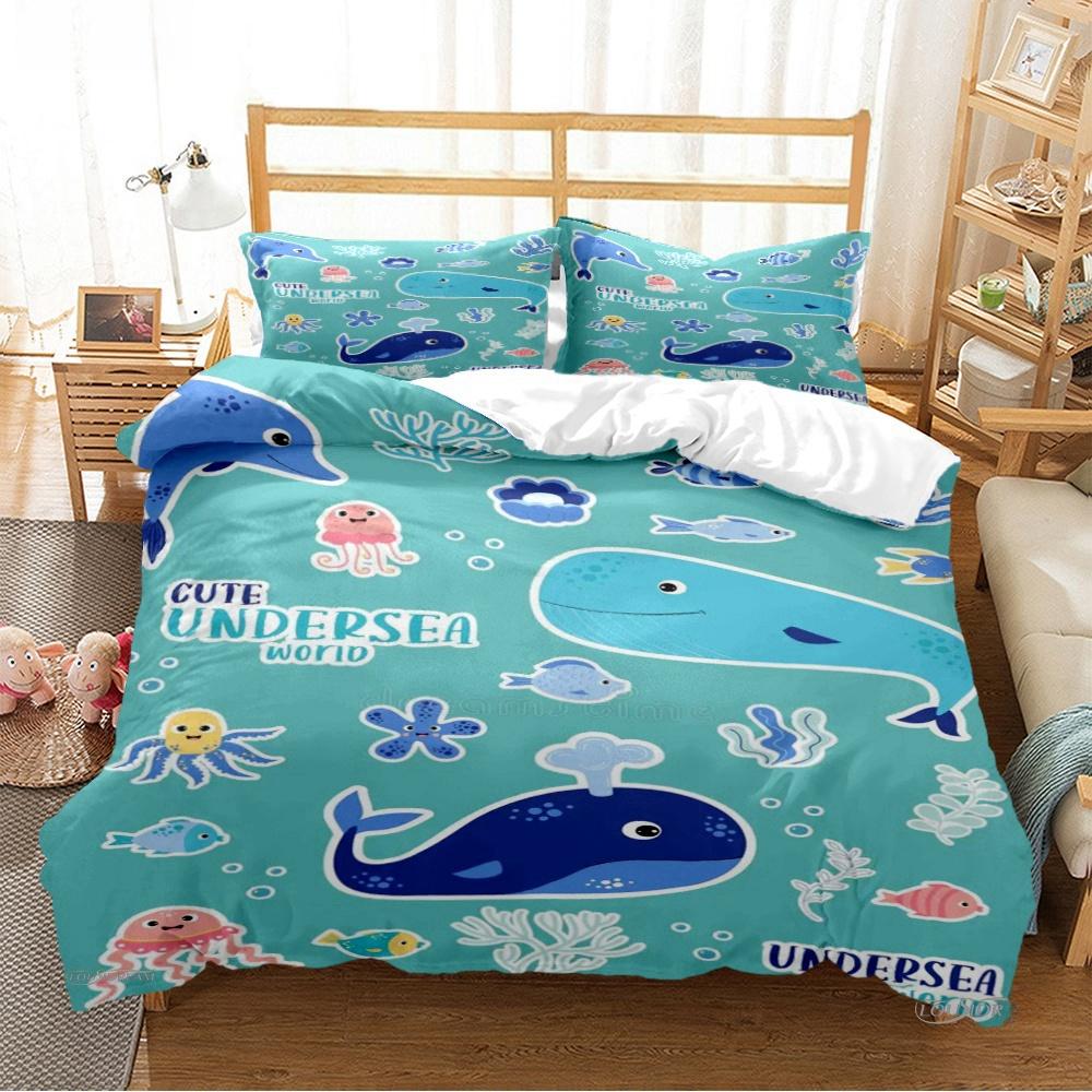 Cartoon Ocean Whale Dolphin Duvet Cover Kids Cute Kawaii Bedding Sets Soft Quilt Cover and Pillowcases Single_Double_Queen_King