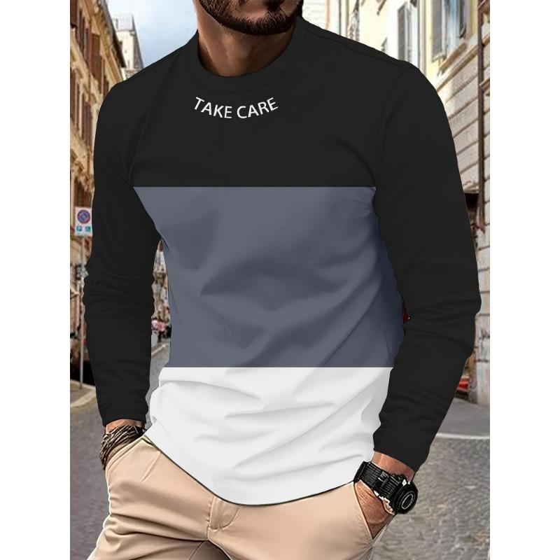 Men's Casual Striped Printed T-shirt 3D Printed Breathable Quick-drying Round-neck Long-sleeve T-shirt, Simple Style Workwear