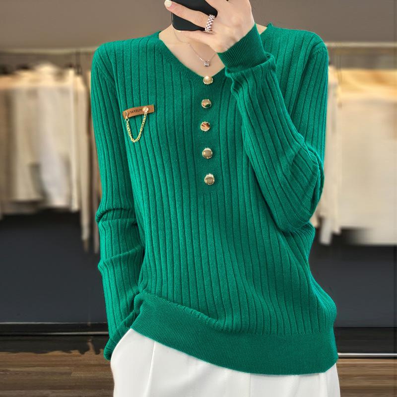 DAFIFY Moterų mados kasdieniai rudens žiemos vienspalviai megztiniai ilgomis rankovėmis V formos iškirpte