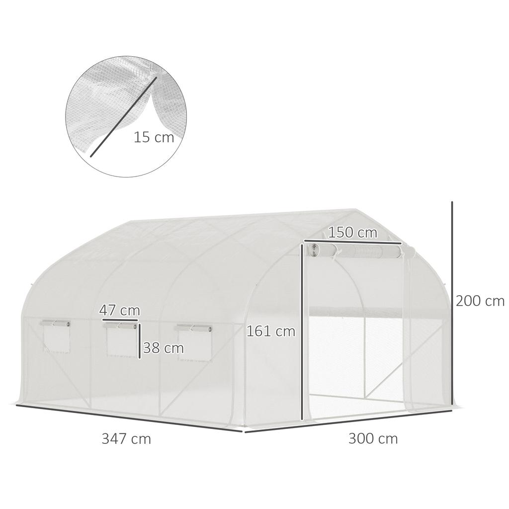 Garden Tunnel Greenhouse 10.4 m² Anti-UV Garden Greenhouse Roll-Up Zipped Door Mesh Windows 350 x 300 x 200 cm White