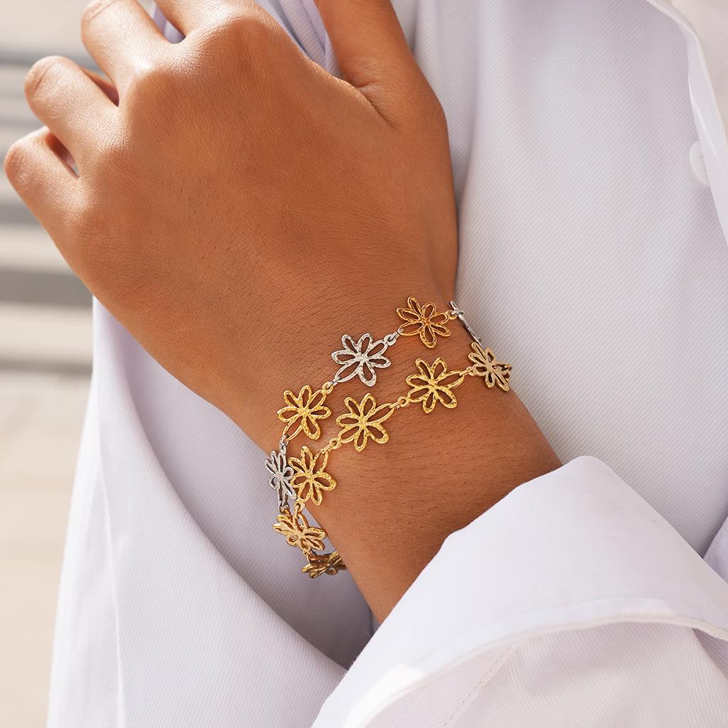 Distinctive Stainless Steel Metal Flower Chain Bracelet Waterproof High Quality Golden Summer Fashion Jewelry