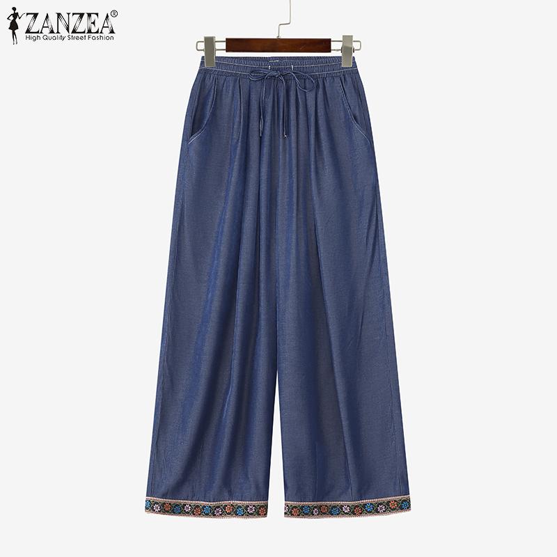 

ZANZEA Women Casual Loose Drawstring Elastic Waist Embroidery Hem Long Pants S синий
