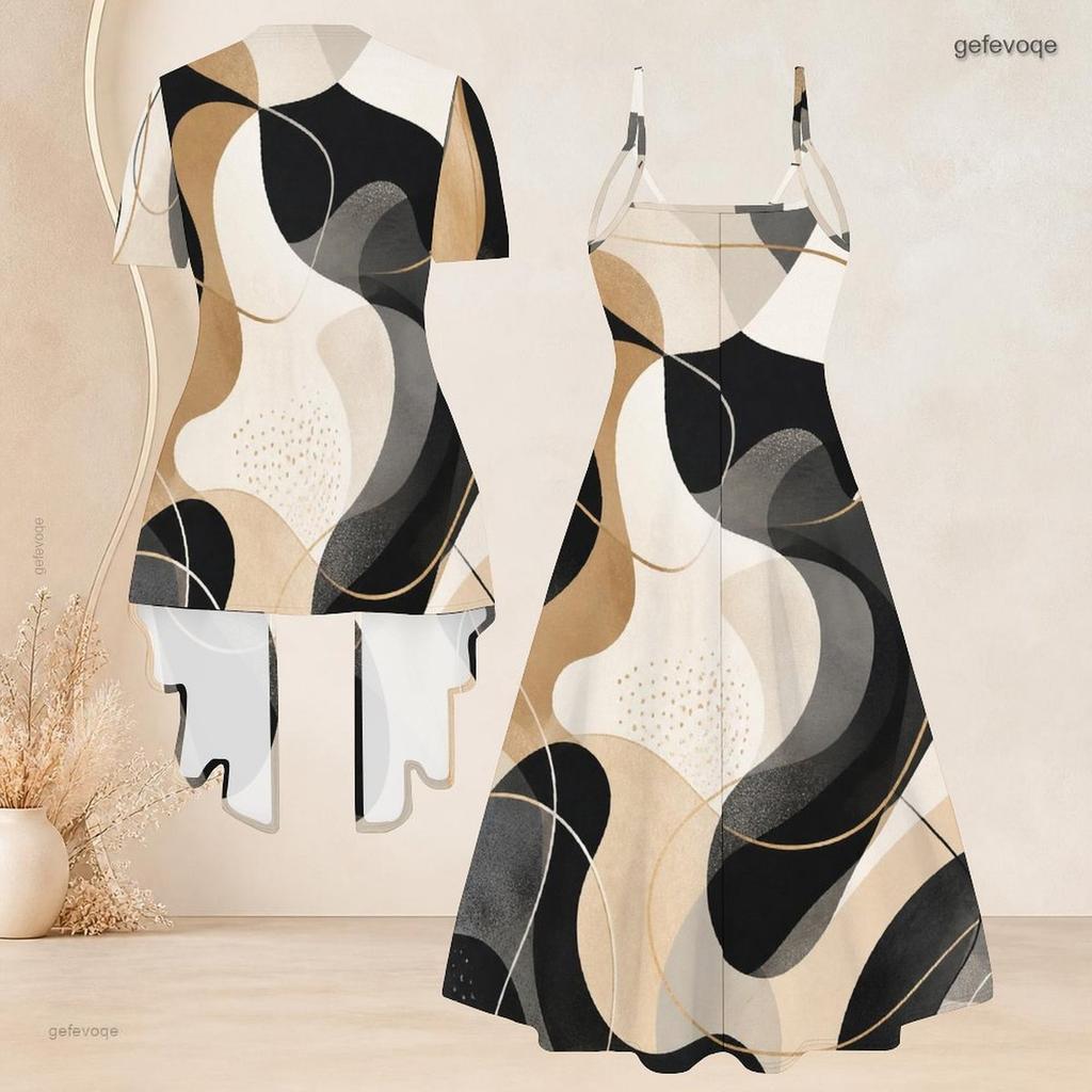 Women Plus Size Printed Two Piece Set Short Sleeve Cardigan Strappy V Neck Flared Dress