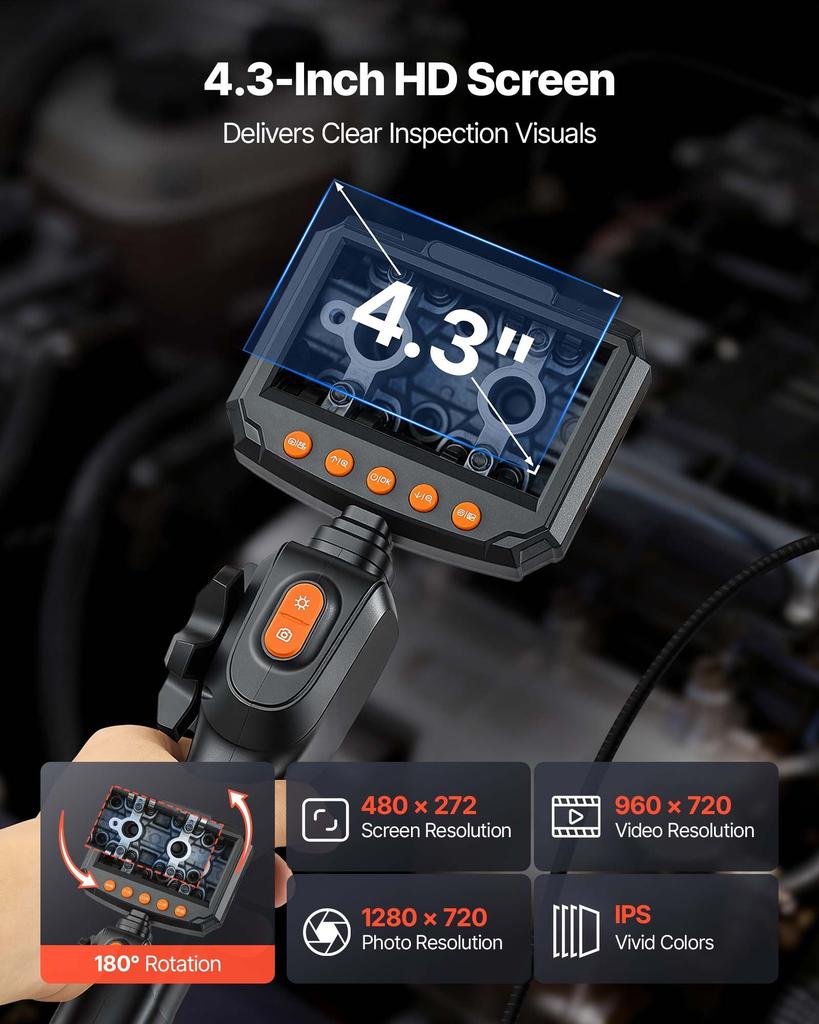 VEVOR Articulating Endoscope with Light, Two-Way Articulated Borescope Camera, 4.3" HD IPS Screen, 1280 X 720 Lens, 8X Zoom