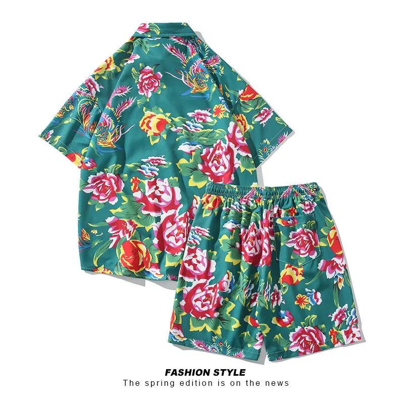 2026 Summer Northeast Chinese Floral Short Sleeve Shirt Beach Pants Set Retro Unisex Outfit Lightweight Breathable Daily Wear