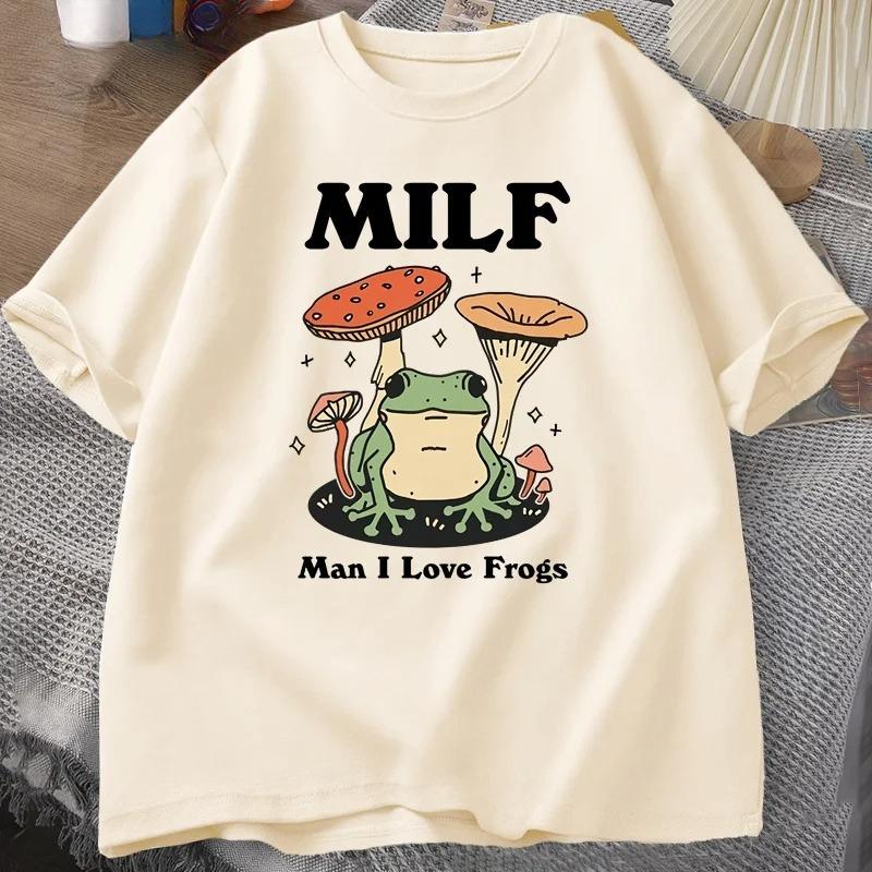 Retro Frog Tshirt Funny MILF Froggy T Shirt Cottagecore Froggy T-shirt Toad Frog Lover Tees Woman Clothing Tees Short Sleeve XS бежевый