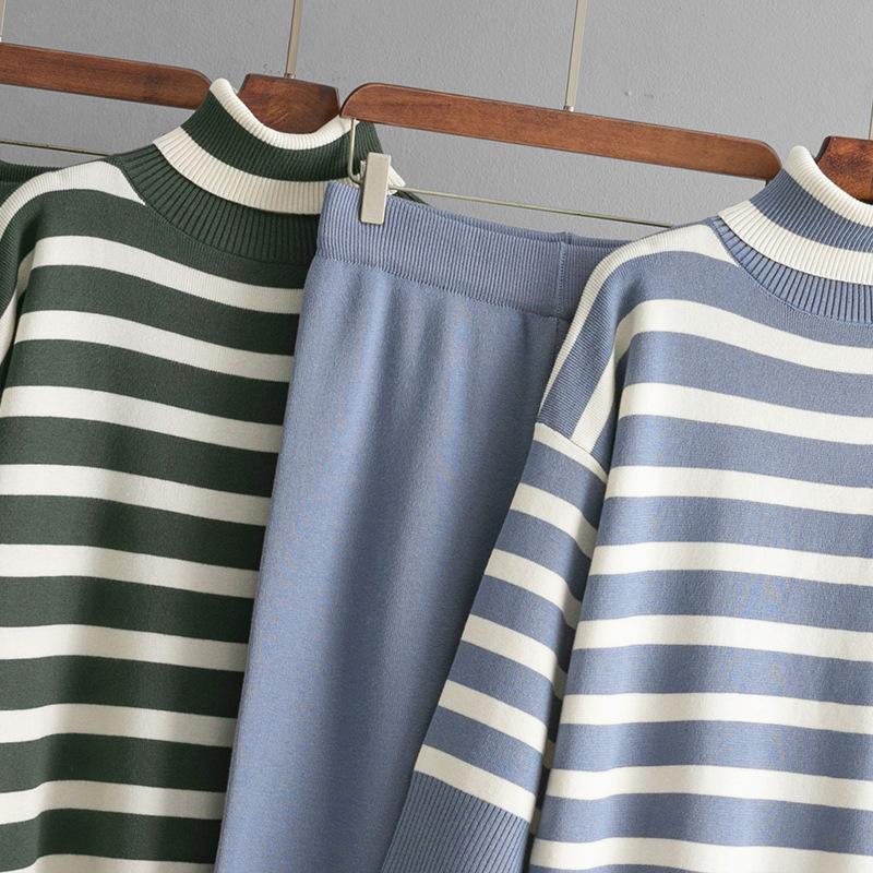 Fall Winter Lazy Wind Loose High Collar Pullover Sweater Suit Women's Stripe Long Sleeve Knit Wide Leg Pants Two Piece Set